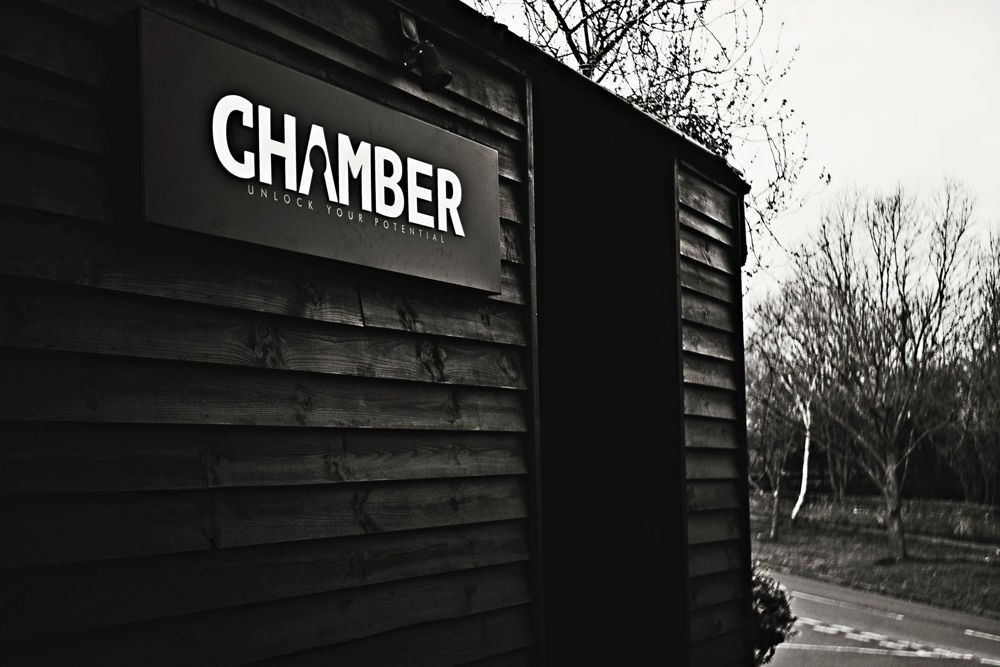 Chamber health and wellbeing building exterior in black and white