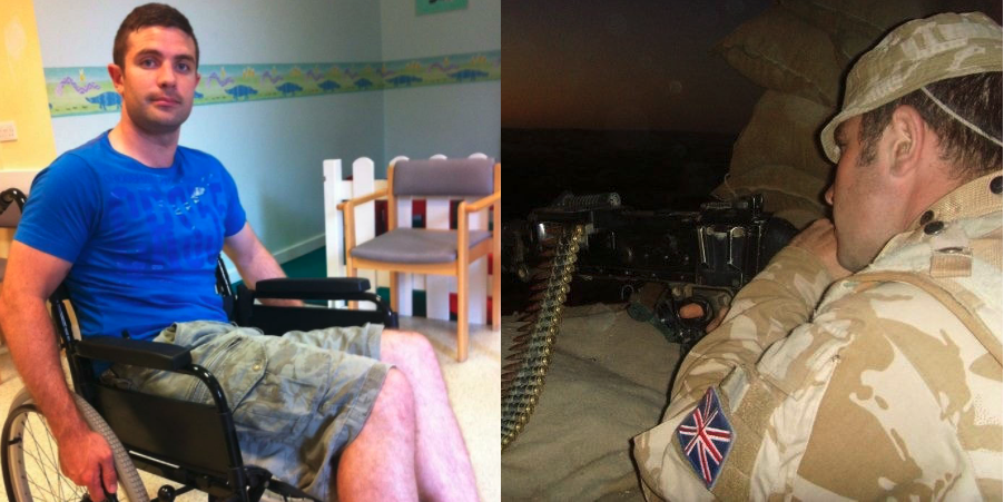split image depicting man in wheelchair on the left and same man on the right in soldiers uniform in the army