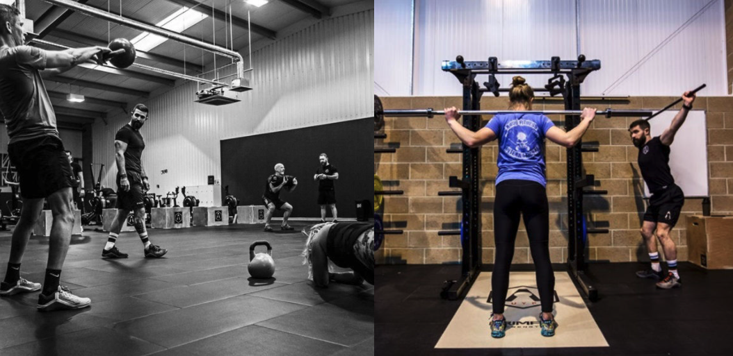 Split image, left side showing men weightlifting in gym in black and white, right side showing woman weightlifting